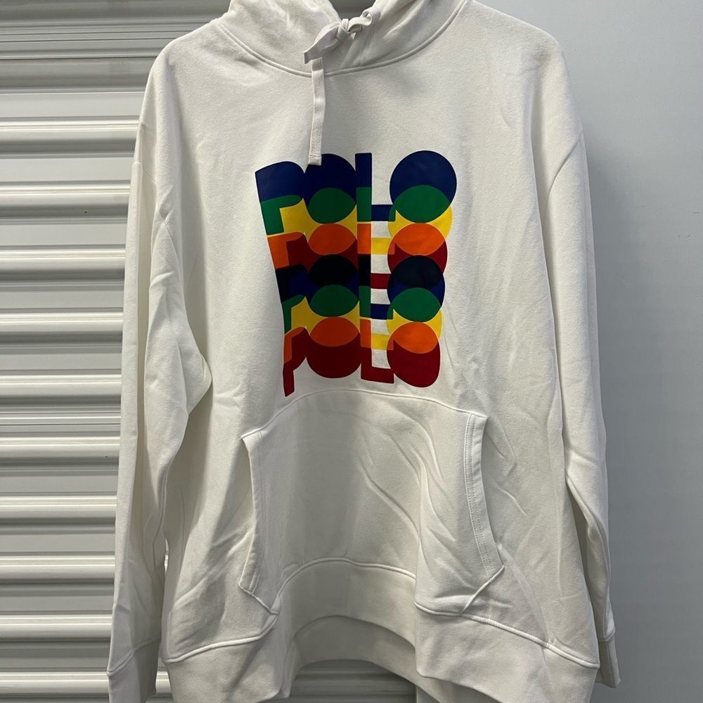 Ralph Lauren Men’s White Hoodie with Multicolor Logo, New. Size 2XB